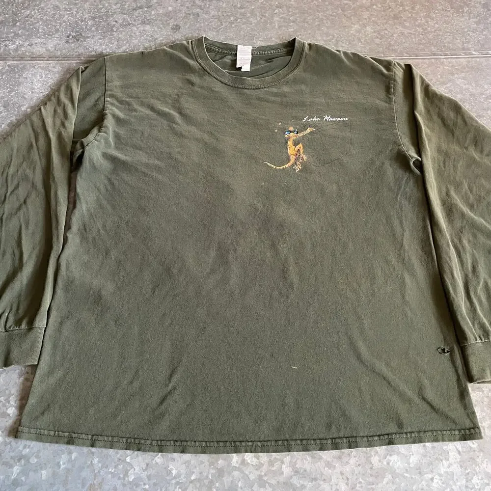 Lake Havasu Gecko Lizard Long Sleeve Shirt Mens Large Vintage Y2K Green Grunge